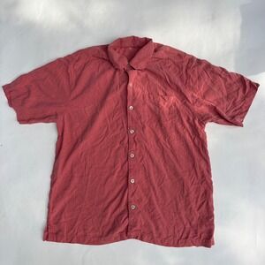 Tommy Bahama Mens Large 100% Silk Short Sleeve Button Up Shirt Salmon Pink Coral